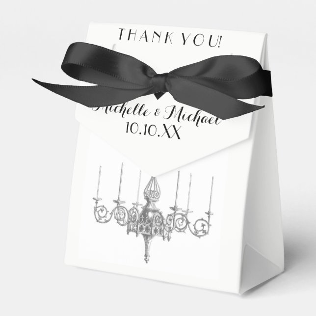 Black White Chandelier Names Date Wedding Favour Favor Box (Front Side)