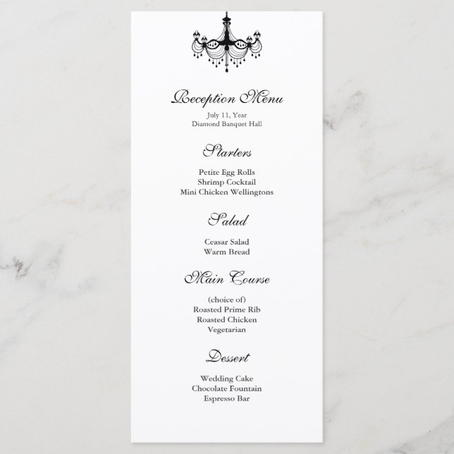 Black & White Chandelier Reception Menu (Front)