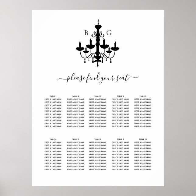 Black White Chandelier Wedding Seating Chart (Front)