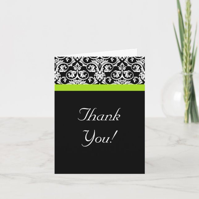 Black/White/Chartreuse Green Damask Thank You Card (Front)