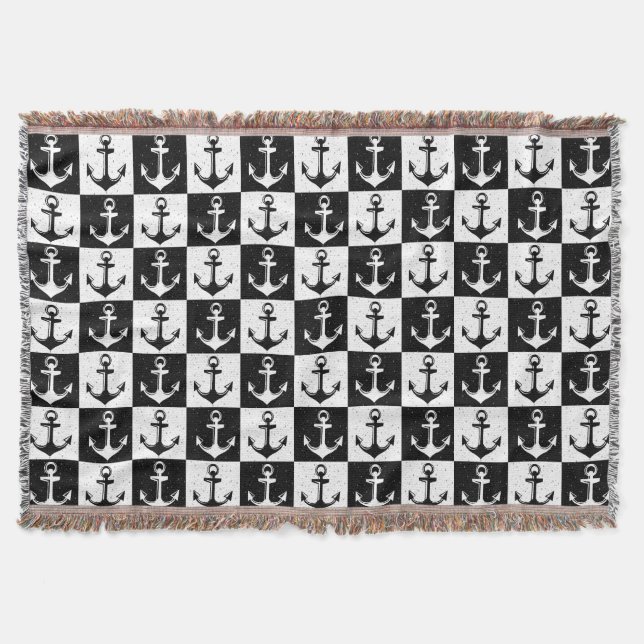 Black White Check Anchor Pattern Design  Throw Blanket (Front)