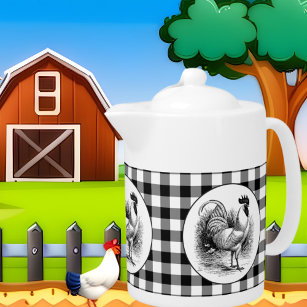 Black white check Country Rooster teapot