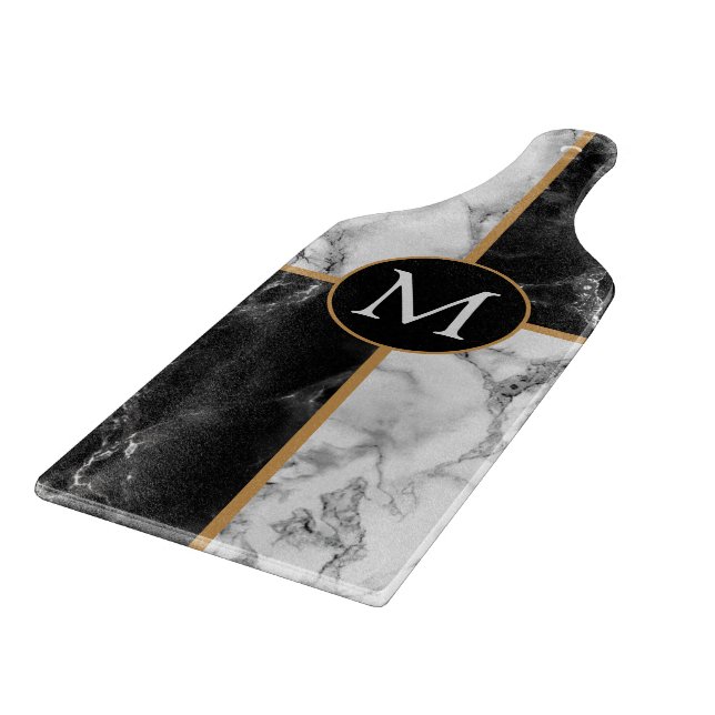 Black White Check Marble Cutting Board Your Letter (Corner)