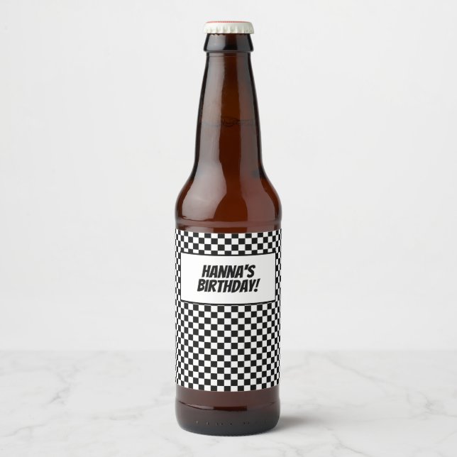 Black White Check Pattern Racing Theme Birthday Beer Bottle Label (Front)