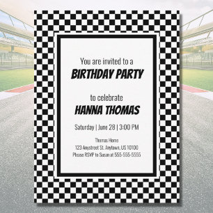 Black White Check Pattern Racing Theme Birthday  Invitation Postcard