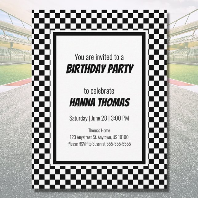Black White Check Pattern Racing Theme Birthday  Invitation Postcard (Creator Uploaded)