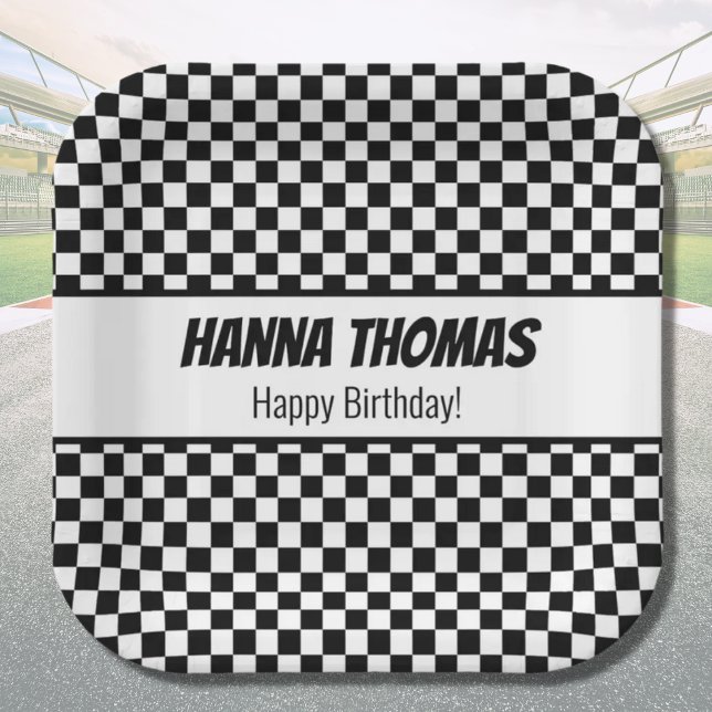 Black White Check Pattern Racing Theme Birthday Paper Plate (Creator Uploaded)