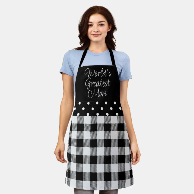 Black White Check Polka Dot World's Greatest Mom A Apron (Worn)