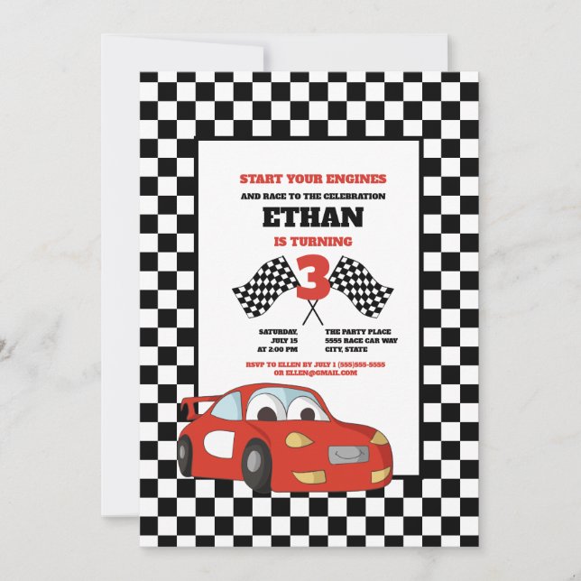 Black White Check Red Race Car 3rd Birthday Party Invitation (Front)