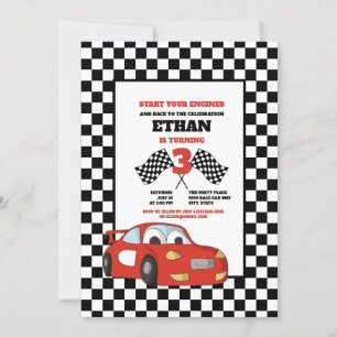 Black White Check Red Race Car 3rd Birthday Party Invitation