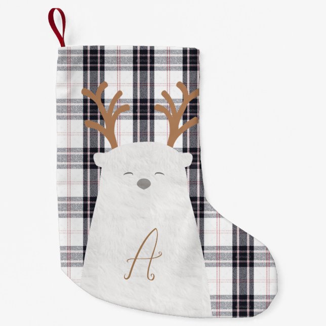 Black & White Check/Tartan Polar bear  Small Christmas Stocking (Front)