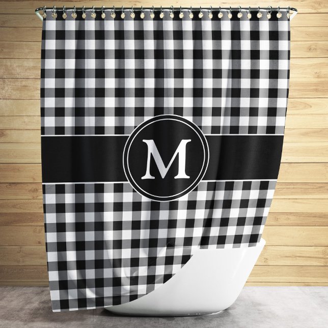Black & White Checked Pattern Monogram Personalize (Modern Black And White Plaid Monogram Shower Curtain)