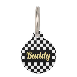 Black White Checkered Gold Dog Cat Name Modern Pet Tag