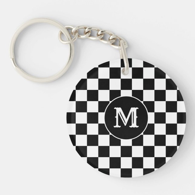 Black White Checkered Keychain Capital Initial (Front)