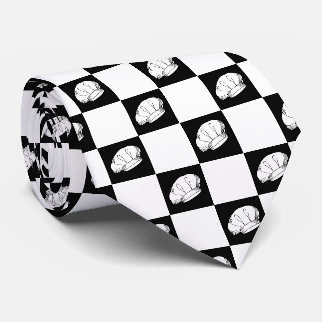 Black White Checkered Restaurant Chef Hat Pattern Tie (Rolled)