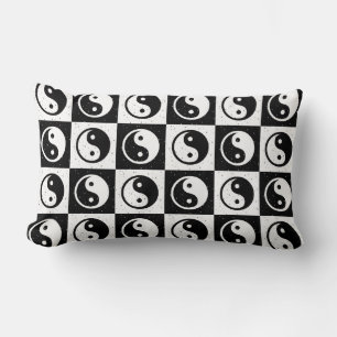 Black White Checkered Yin-yang Zen Block Print Lumbar Pillow