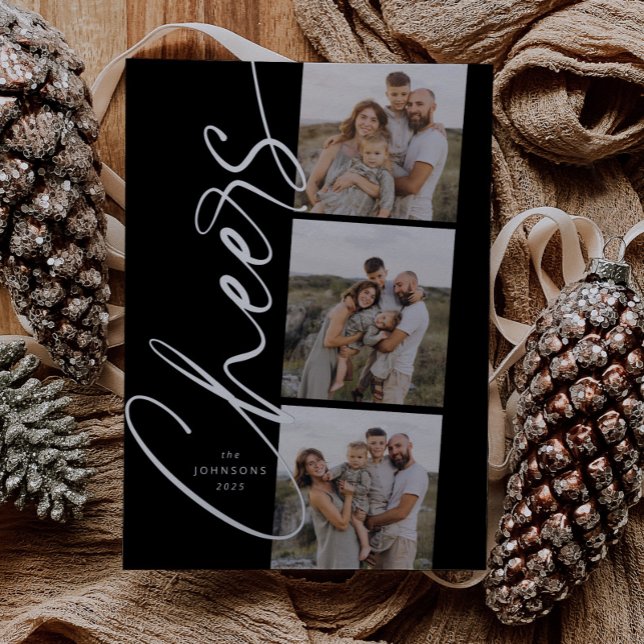 Black & White Cheers Elegant Script Christmas Foil Holiday Card (Creator Uploaded)