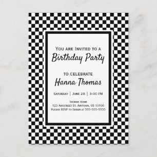 Black White Chequerboard Birthday Invitation Postc