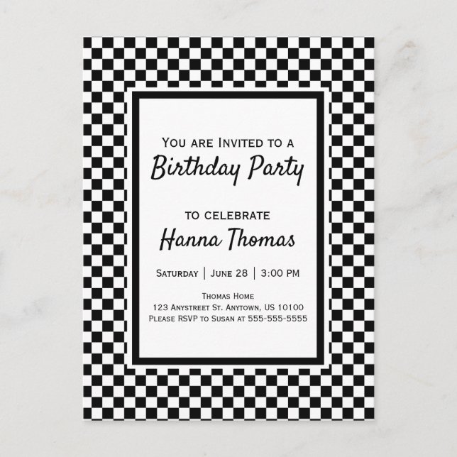 Black White Chequerboard Birthday Invitation Postc (Front)