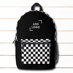 Black White Chequerboard Check Pattern Logo Printed Backpack