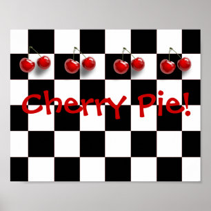 Black & White Chequerboard Cherry Pie Kitchen Poster