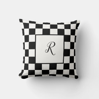 Black & White Chequerboard Design with Monogram Throw Pillow
