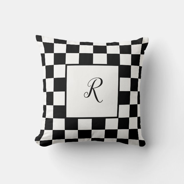 Black & White Chequerboard Design with Monogram Throw Pillow (Front)