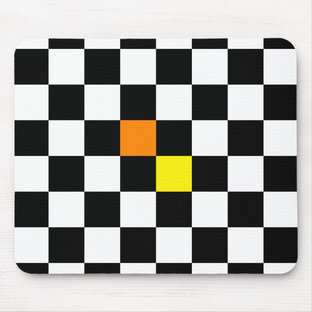 Black, White Chequerboard with Yellow Orange Colou Mouse Pad (Front)