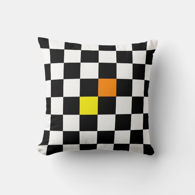 Black, White Chequerboard with Yellow Orange Colou Throw Pillow (Front)