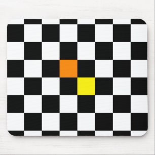 Black, White Chequerboard with Yellow Orange Mouse Pad
