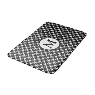 Black & White Chequered Board Pattern with Monogra Bath Mat