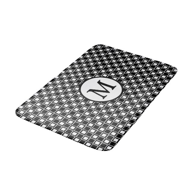 Black & White Chequered Board Pattern with Monogra Bath Mat (Angled)