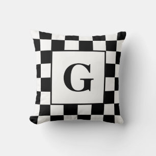 Black White Chequered Border Pattern with Monogram Throw Pillow