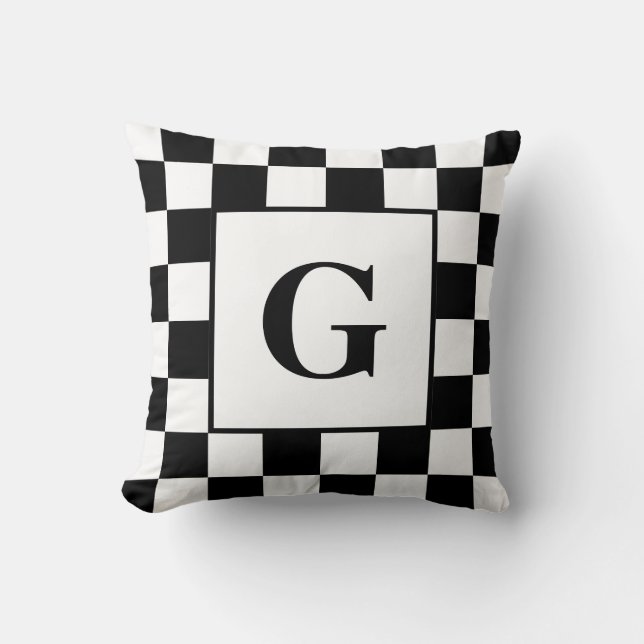 Black White Chequered Border Pattern with Monogram Throw Pillow (Front)