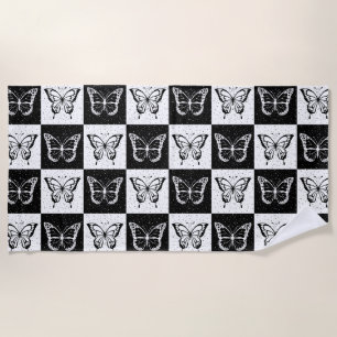 Black White Chequered Butterfly Design Beach Towel