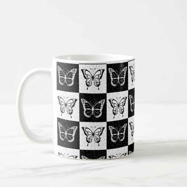 Black White Chequered Butterfly Design  Coffee Mug (Left)