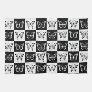 Black White Chequered Butterfly Design Kitchen Towel