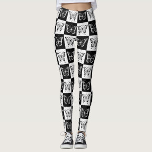 Black White Chequered Butterfly Design Leggings