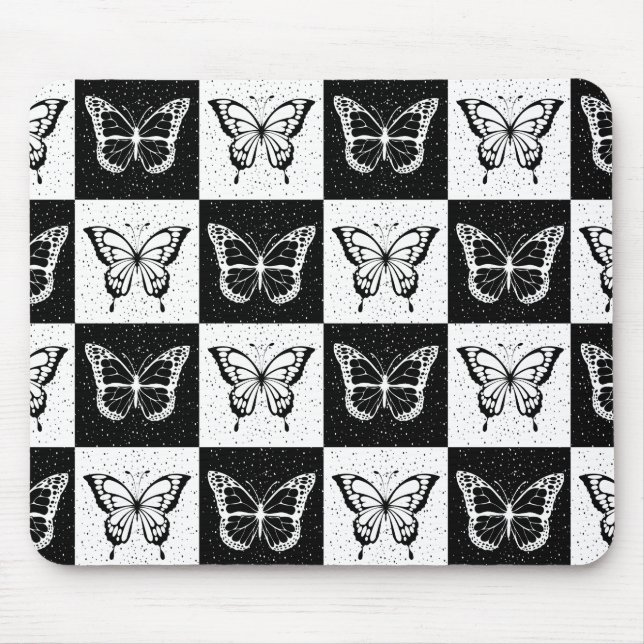 Black White Chequered Butterfly Design  Mouse Pad (Front)