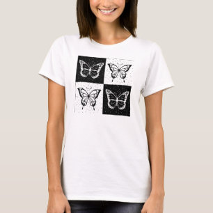 Black White Chequered Butterfly Design T-Shirt