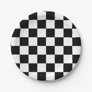 Black White Chequered Check Pattern Paper Plate