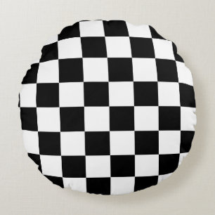 Black White Chequered Check Pattern Round Pillow
