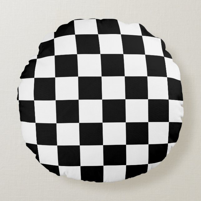 Black White Chequered Check Pattern Round Pillow (Front)