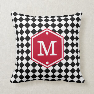 Black & White Chequered   Cherry Red Monogram Throw Pillow