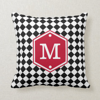 Black & White Chequered | Cherry Red Monogram Throw Pillow