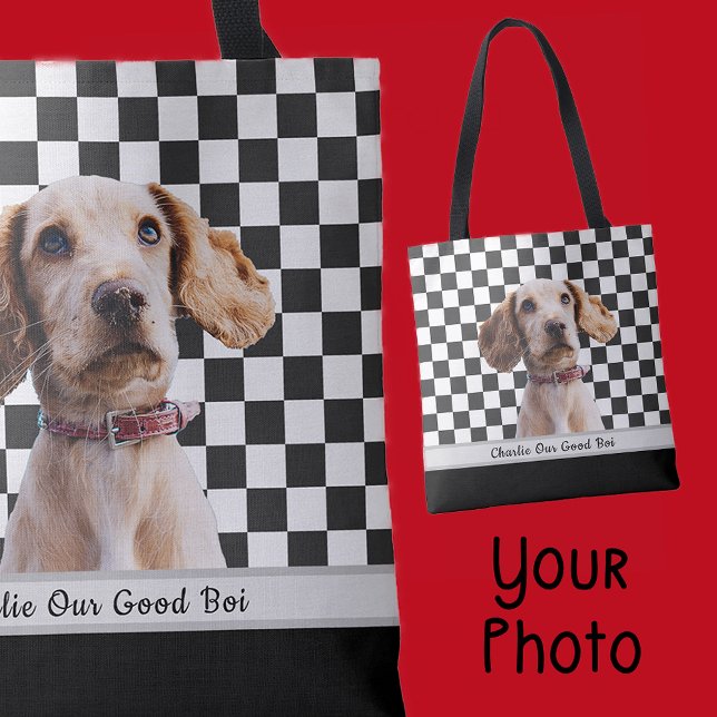 Black White Chequered Custom Photo Name Tote Bag (Creator Uploaded)