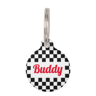 Black White Chequered Dog Puppy Cat Name Modern Pet Tag
