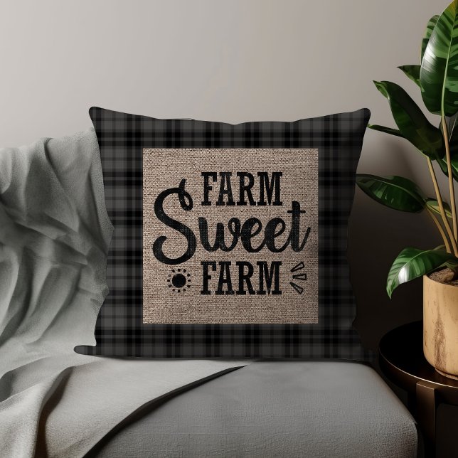 Black White Chequered Farm Sweet Farm Burlap Throw Pillow (Black checkered and burlap "Farm sweet farm" decorator pillow)