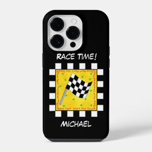 Black White Chequered Flag Race Black Personalized iPhone 14 Pro Case