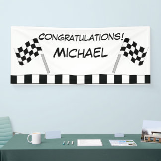 Black White Chequered Flag Race Congratulations Banner